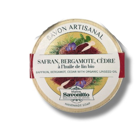 Savon Artisanal Boite Bois Safran Bergamote Cèdre
