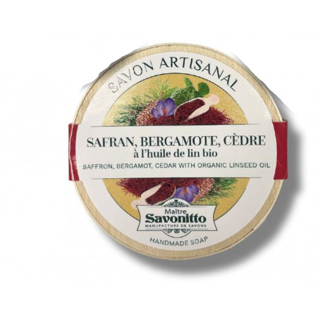 Savon Artisanal Boite Bois Safran Bergamote Cèdre