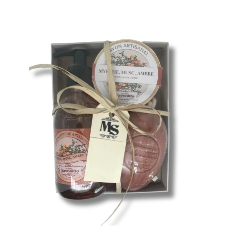 Coffret Myrrhe Musc Ambre Savon Boite +Savon Corde +Savon Liquide